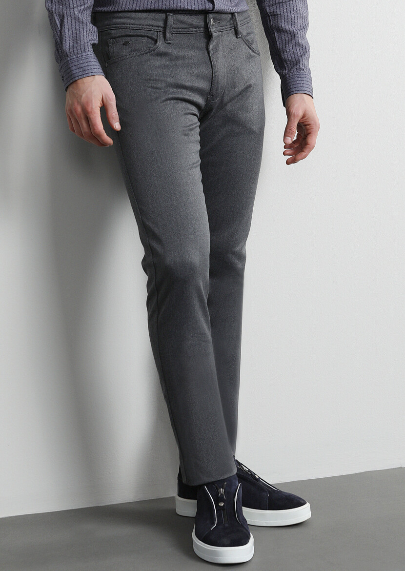 Orta Gri Düz Dokuma Slim Fit Casual Pamuk Karışımlı Pantolon - 3