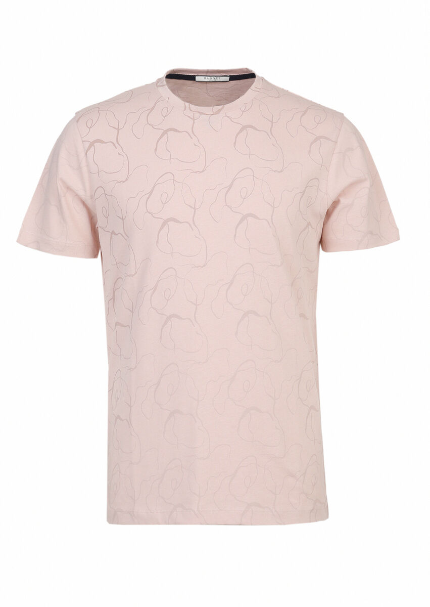 Pembe Baskılı Bisiklet Yaka %100 Pamuk T-Shirt - 6