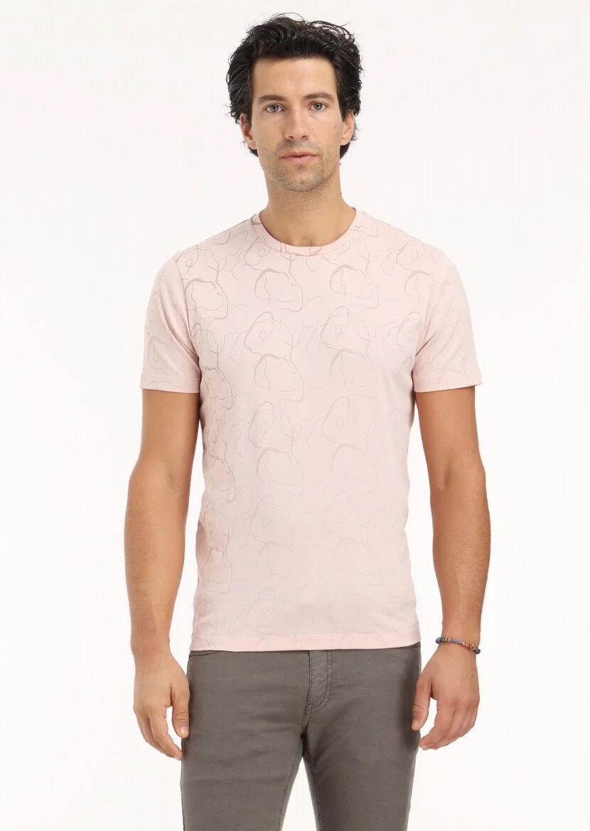 Pembe Baskılı Bisiklet Yaka %100 Pamuk T-Shirt 