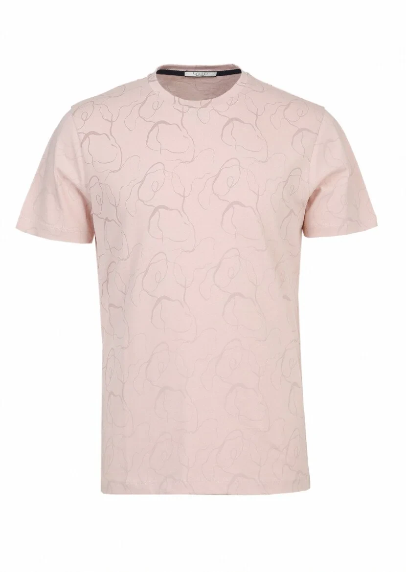 Pembe Baskılı Bisiklet Yaka %100 Pamuk T-Shirt - 6