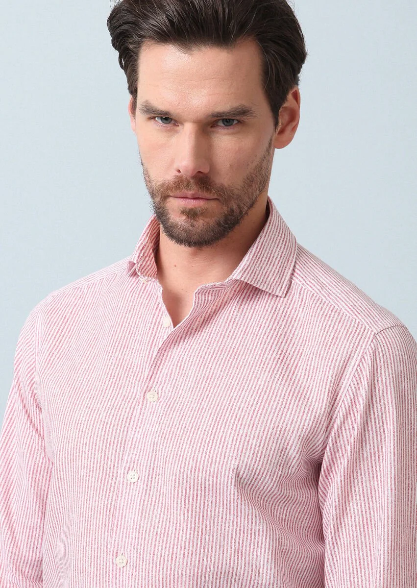 Pembe Baskılı Regular Fit Dokuma Casual %100 Pamuk Gömlek - 1