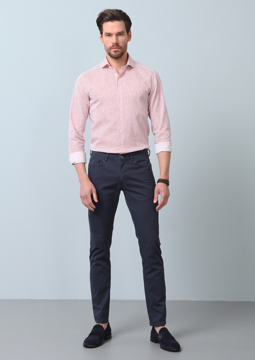 Pembe Baskılı Regular Fit Uzun Dokuma Casual %100 Pamuk Gömlek - 3