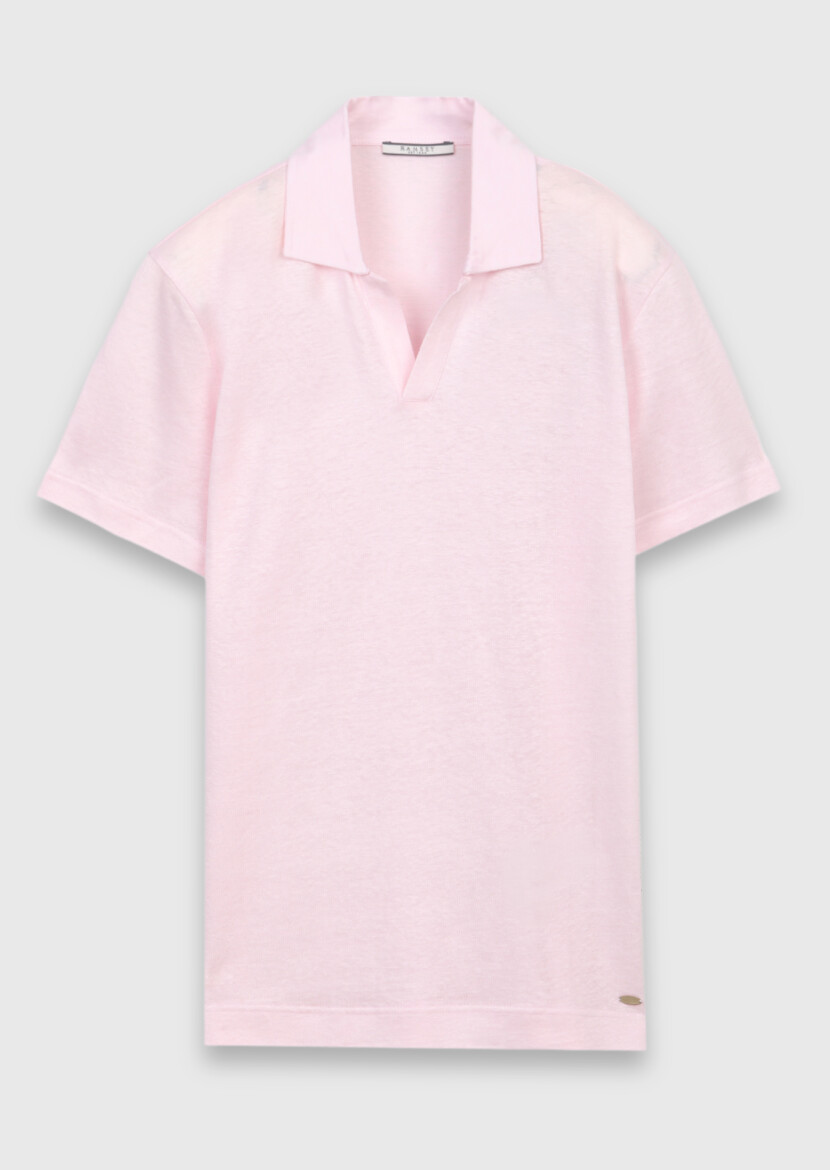 Pembe Düz %100 Keten T-Shirt - 6