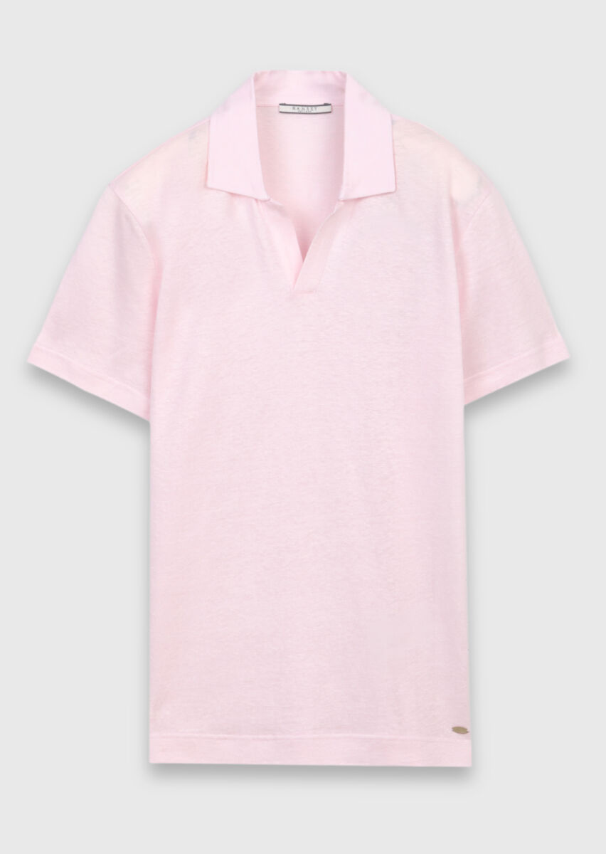 Pembe Düz %100 Keten T-Shirt - 6
