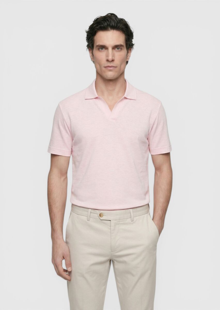 Pembe Düz %100 Keten T-Shirt - 1