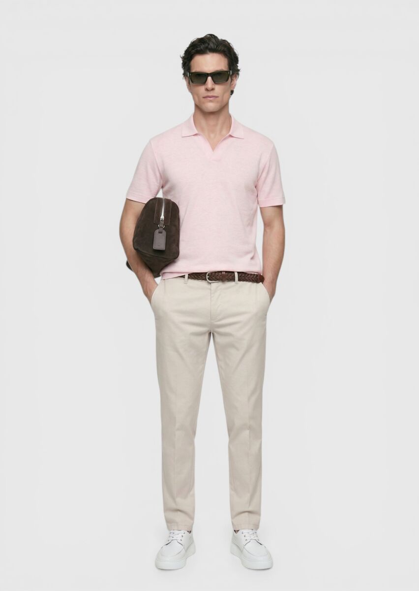 Pembe Düz %100 Keten T-Shirt - 2