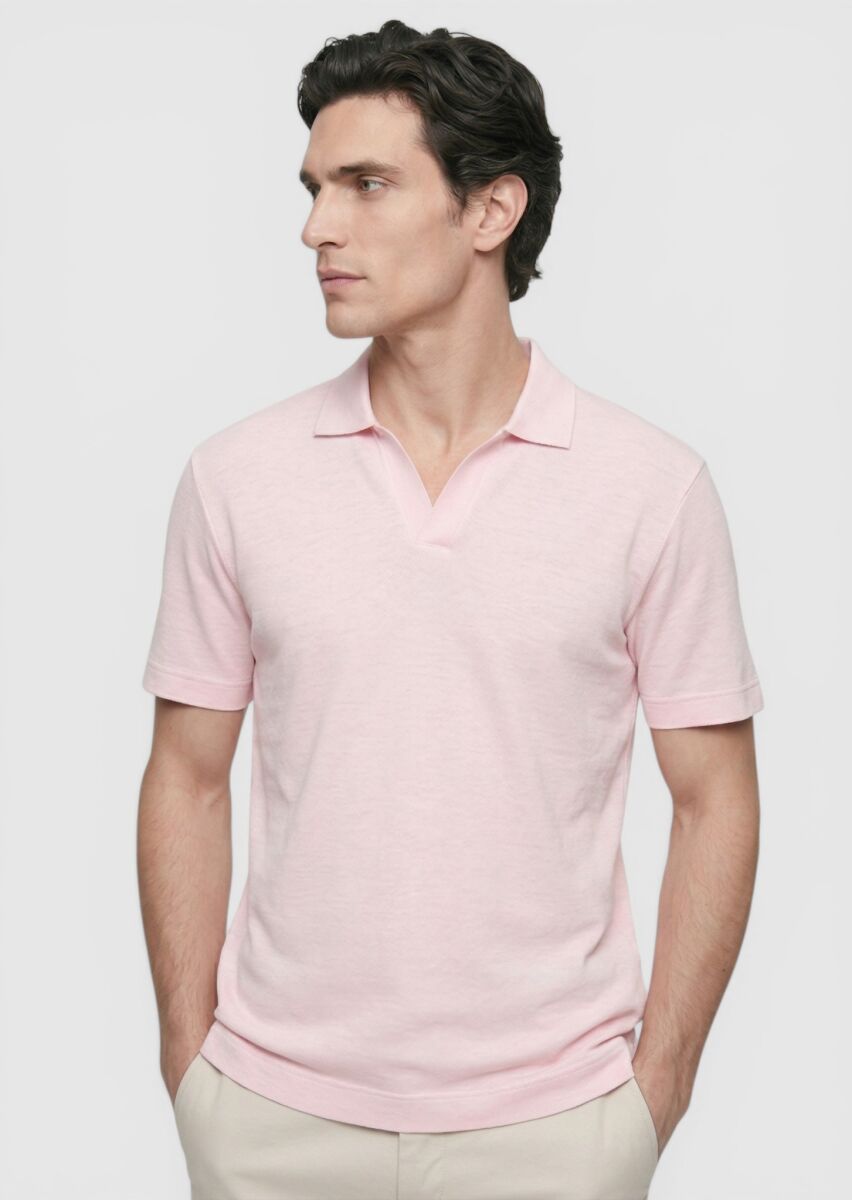 Pembe Düz %100 Keten T-Shirt - 3