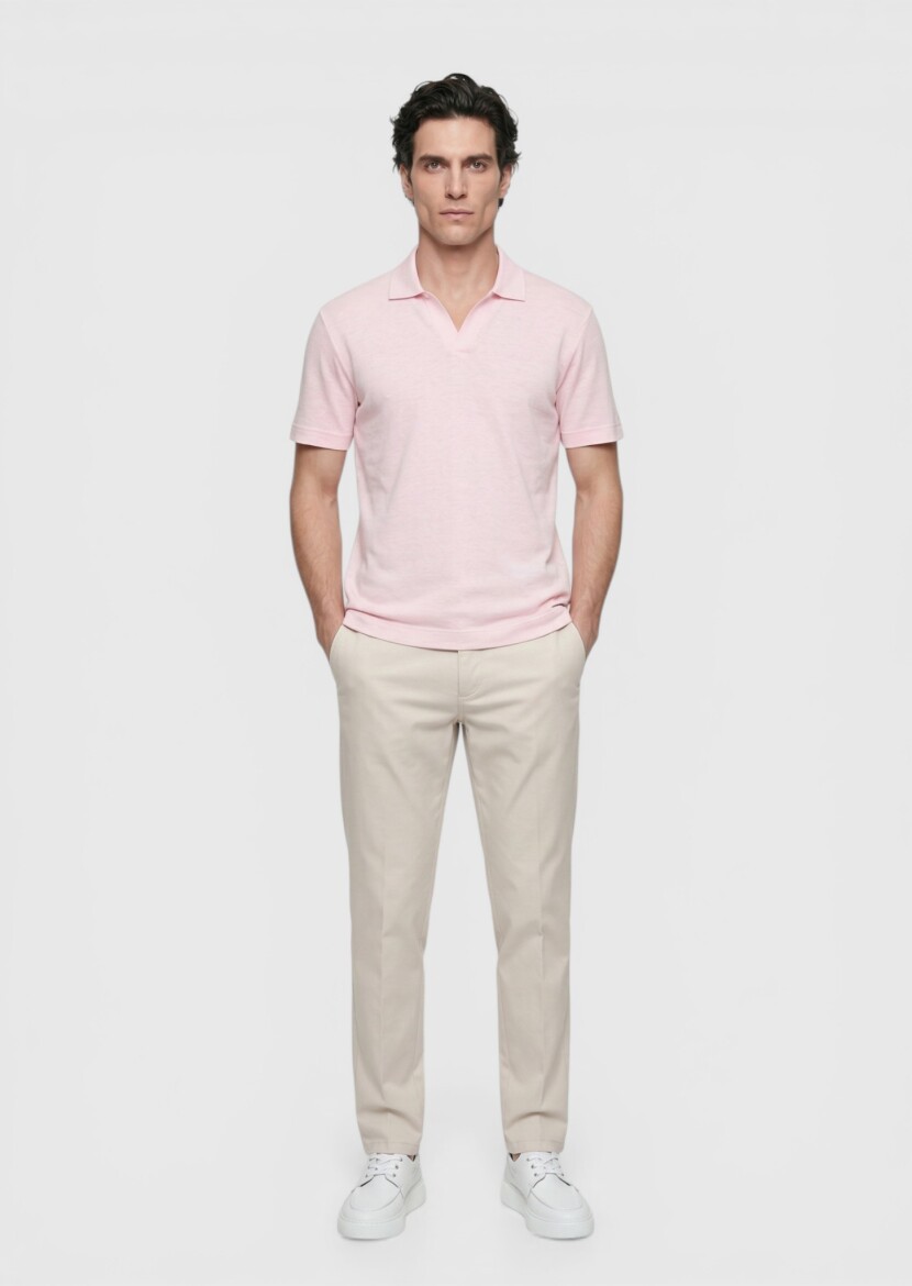 Pembe Düz %100 Keten T-Shirt - 4