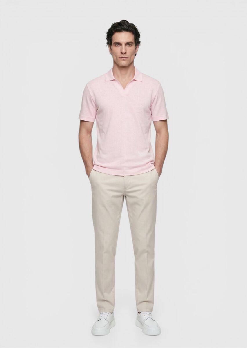 Pembe Düz %100 Keten T-Shirt - 4