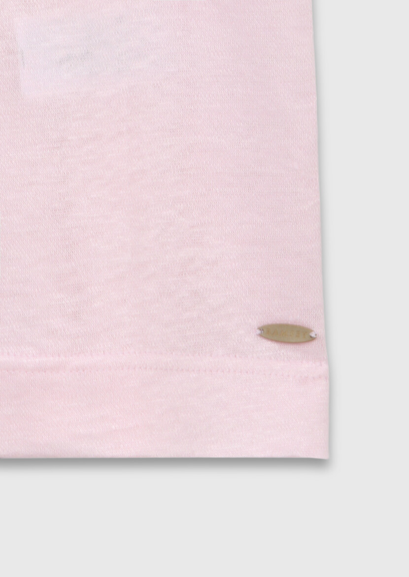 Pembe Düz %100 Keten T-Shirt - 8