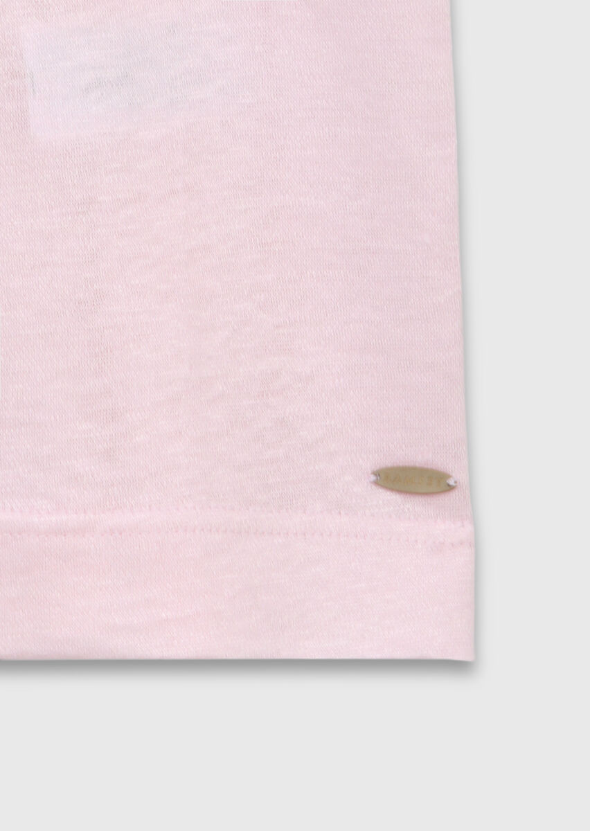 Pembe Düz %100 Keten T-Shirt - 8
