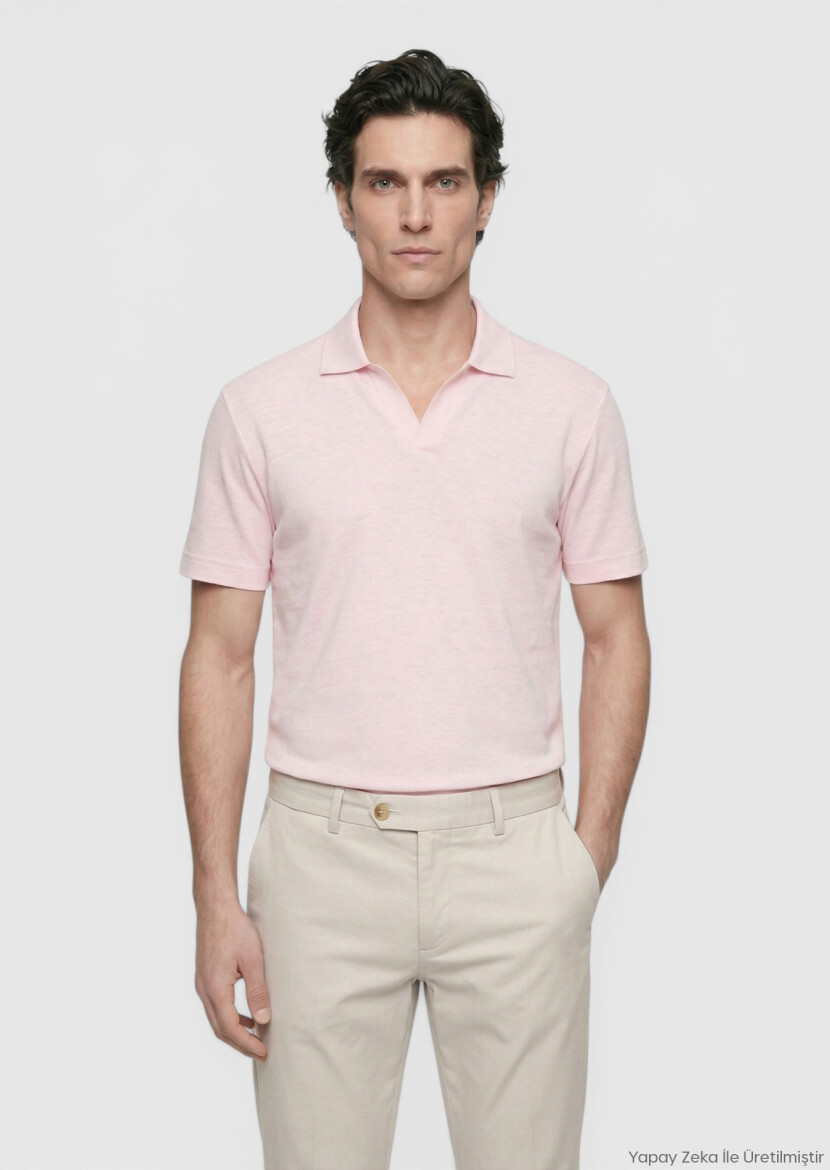 Pembe Düz %100 Keten T-Shirt - RAMSEY