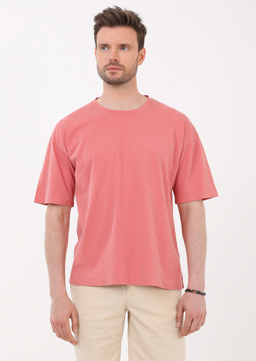 Pembe Düz Bisiklet Yaka %100 Pamuk T-Shirt - 1