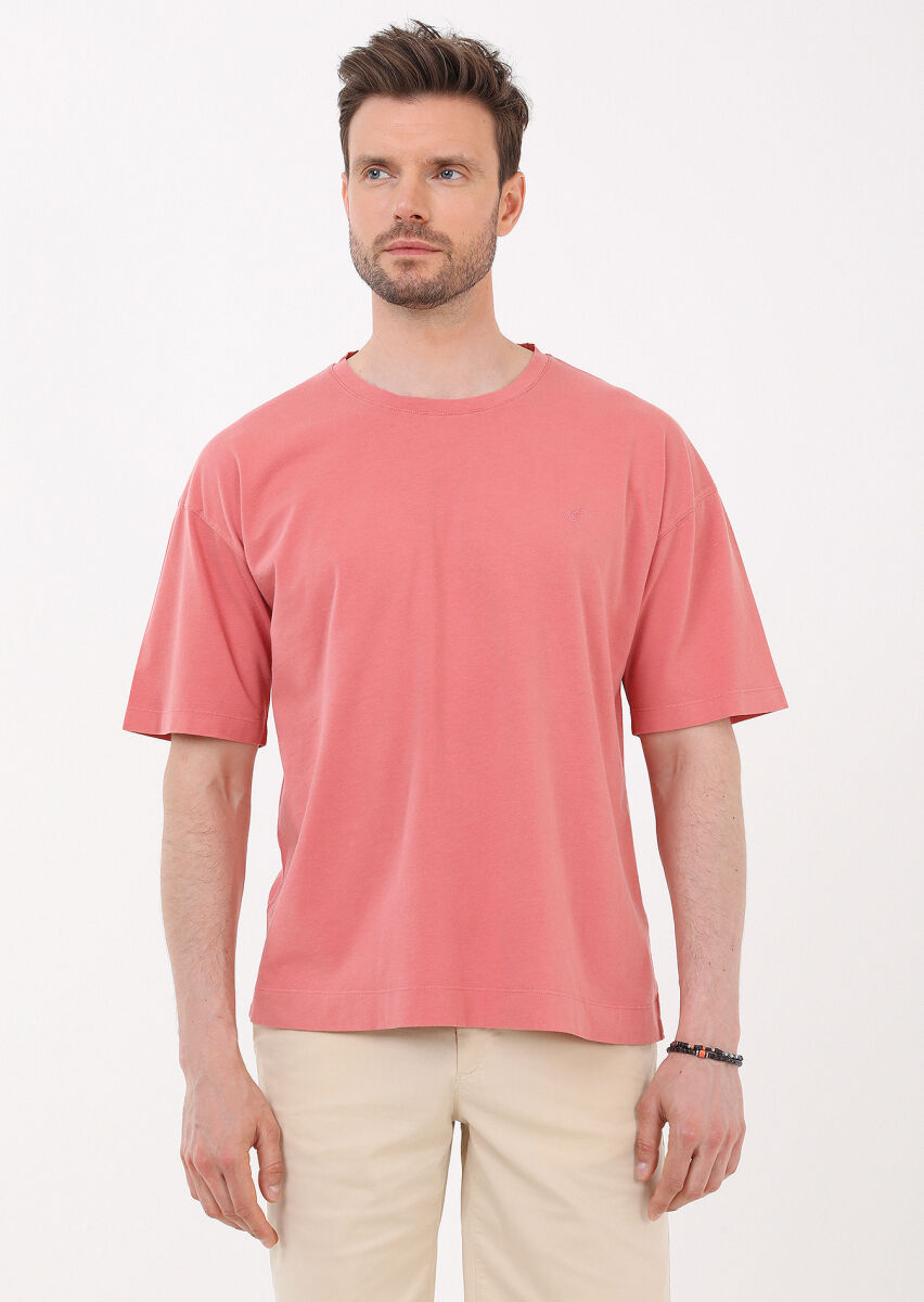 Pembe Düz Bisiklet Yaka %100 Pamuk T-Shirt - 1