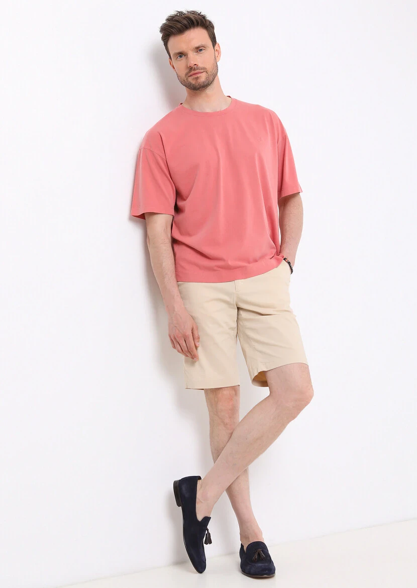Pembe Düz Bisiklet Yaka %100 Pamuk T-Shirt 
