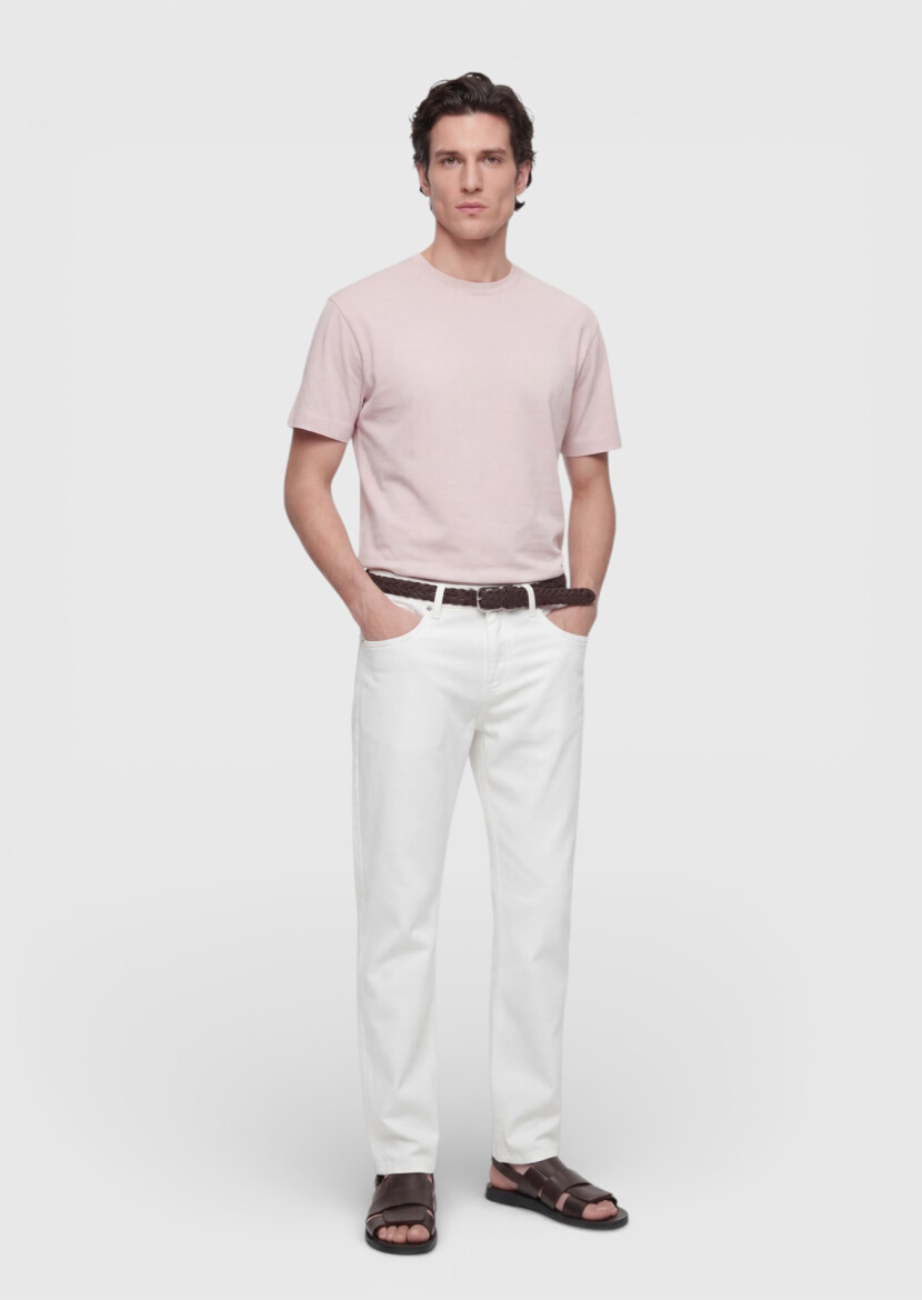 Pembe Düz Bisiklet Yaka %100 Pamuk T-Shirt - 3