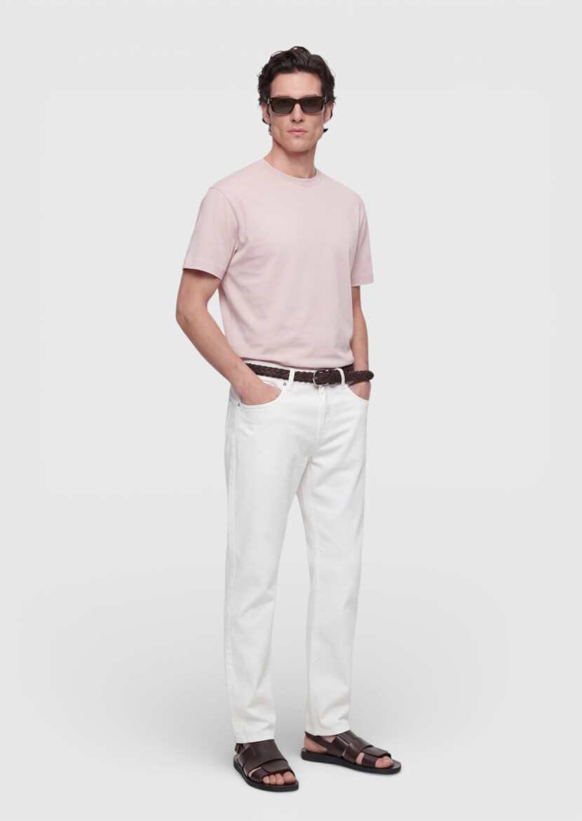 Pembe Düz Bisiklet Yaka %100 Pamuk T-Shirt - 4