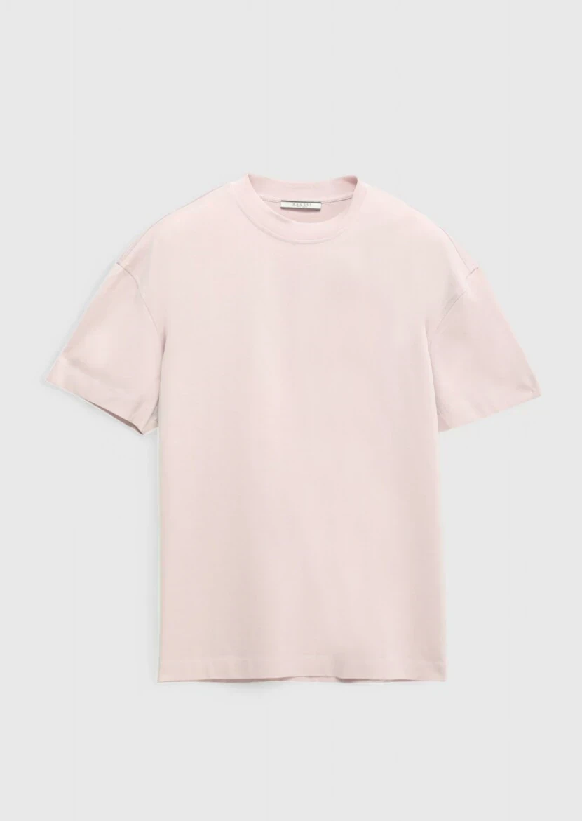 Pembe Düz Bisiklet Yaka %100 Pamuk T-Shirt - 6