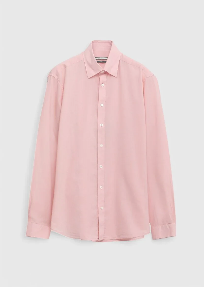 Pembe Düz Casual Fit Dokuma Casual %100 Pamuk Gömlek 