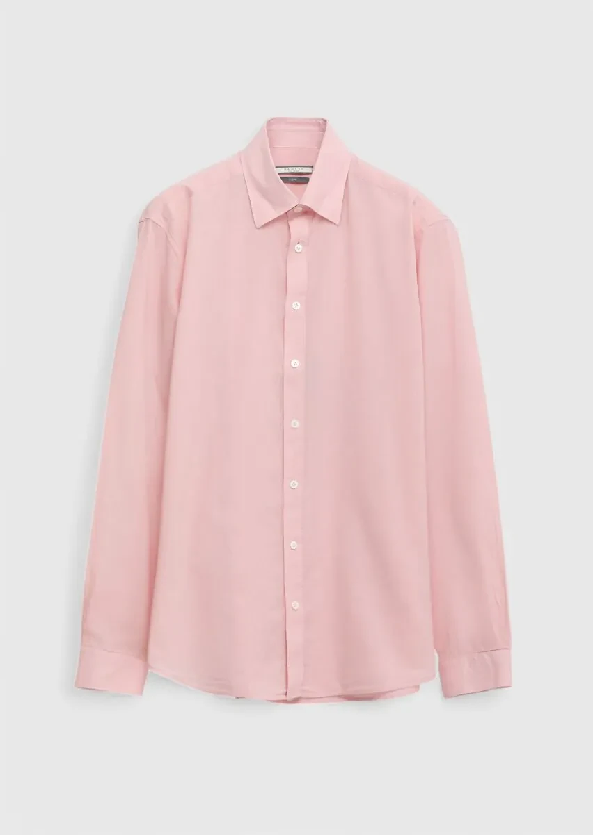 Pembe Düz Casual Fit Dokuma Casual %100 Pamuk Gömlek - 1