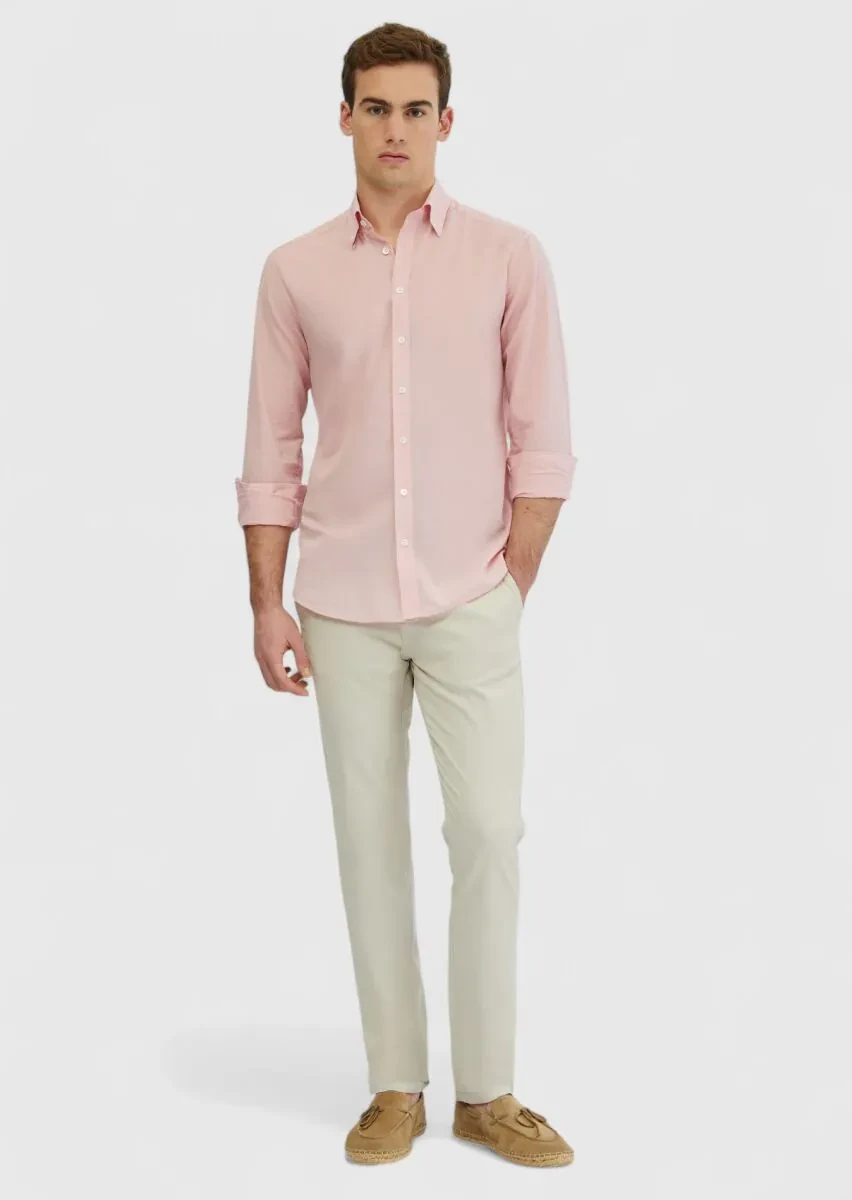 Pembe Düz Casual Fit Dokuma Casual %100 Pamuk Gömlek - 1