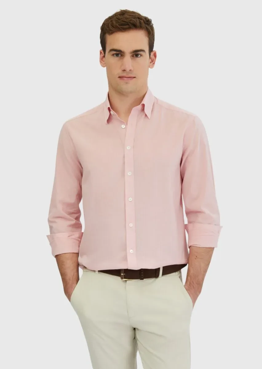 Pembe Düz Casual Fit Dokuma Casual %100 Pamuk Gömlek - 3