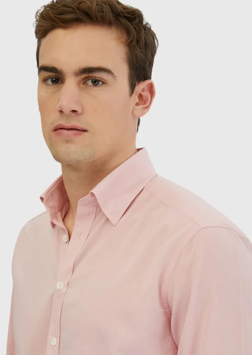 Pembe Düz Casual Fit Dokuma Casual %100 Pamuk Gömlek - 5