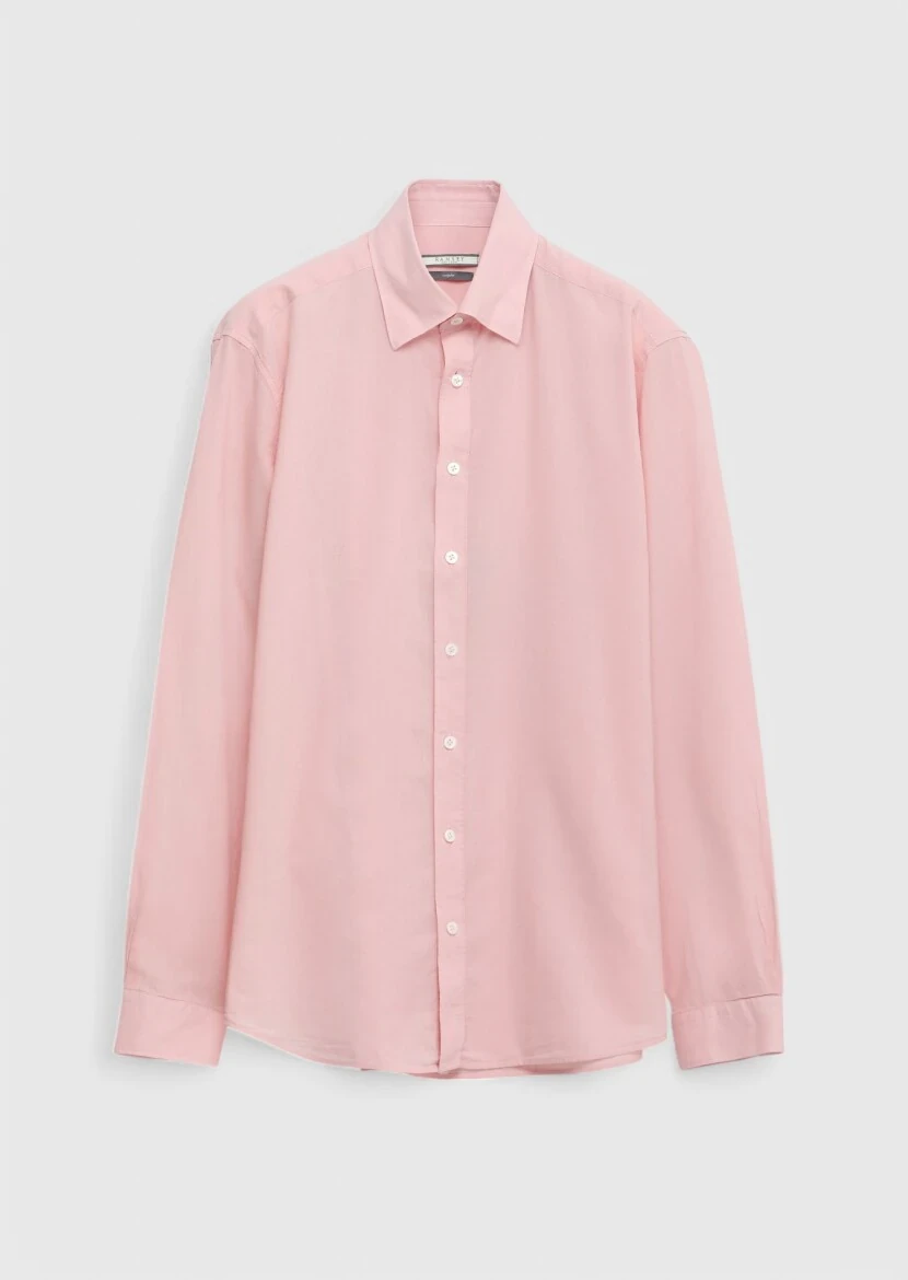 Pembe Düz Casual Fit Dokuma Casual %100 Pamuk Gömlek - 6