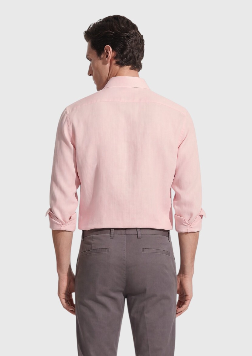 Pembe Düz Casual Fit Dokuma Casual %100 Pamuk Gömlek - 4