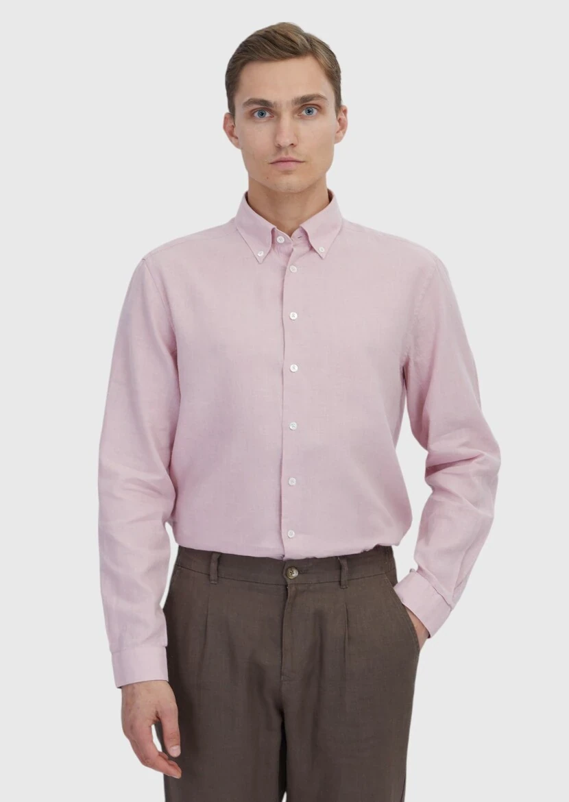 Pembe Düz Casual Fit Dokuma Casual Pamuk Karışımlı Gömlek - 1