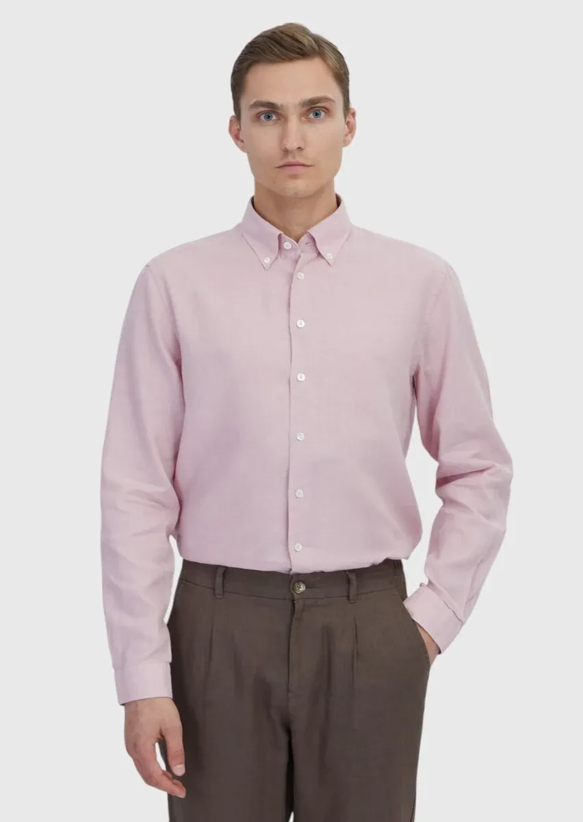 Pembe Düz Casual Fit Dokuma Casual Pamuk Karışımlı Gömlek - 1