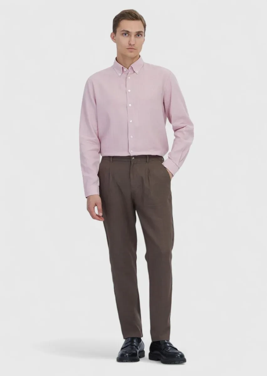 Pembe Düz Casual Fit Dokuma Casual Pamuk Karışımlı Gömlek - 2