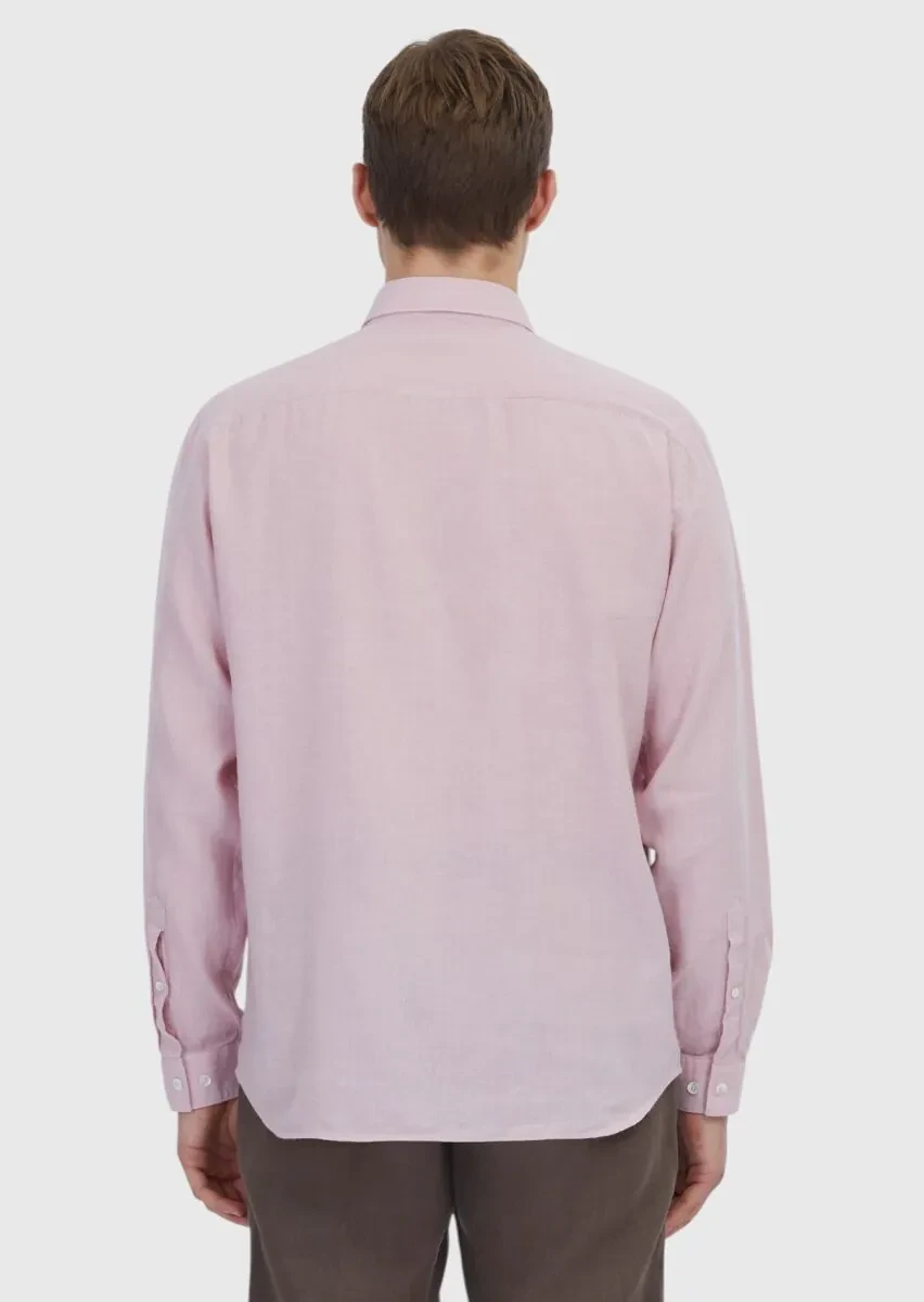 Pembe Düz Casual Fit Dokuma Casual Pamuk Karışımlı Gömlek - 5