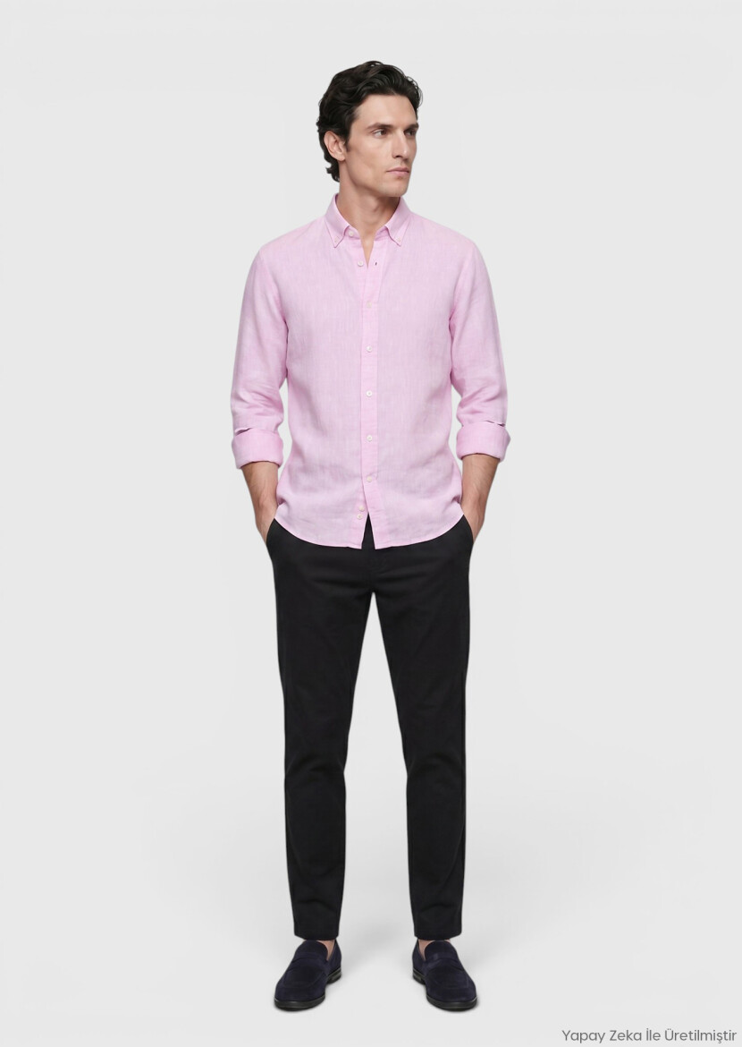 Pembe Düz Casual Fit Uzun Dokuma Casual %100 Keten Gömlek - RAMSEY