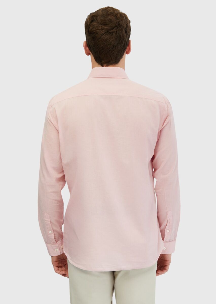 Pembe Düz Casual Fit Uzun Dokuma Casual %100 Pamuk Gömlek - 2