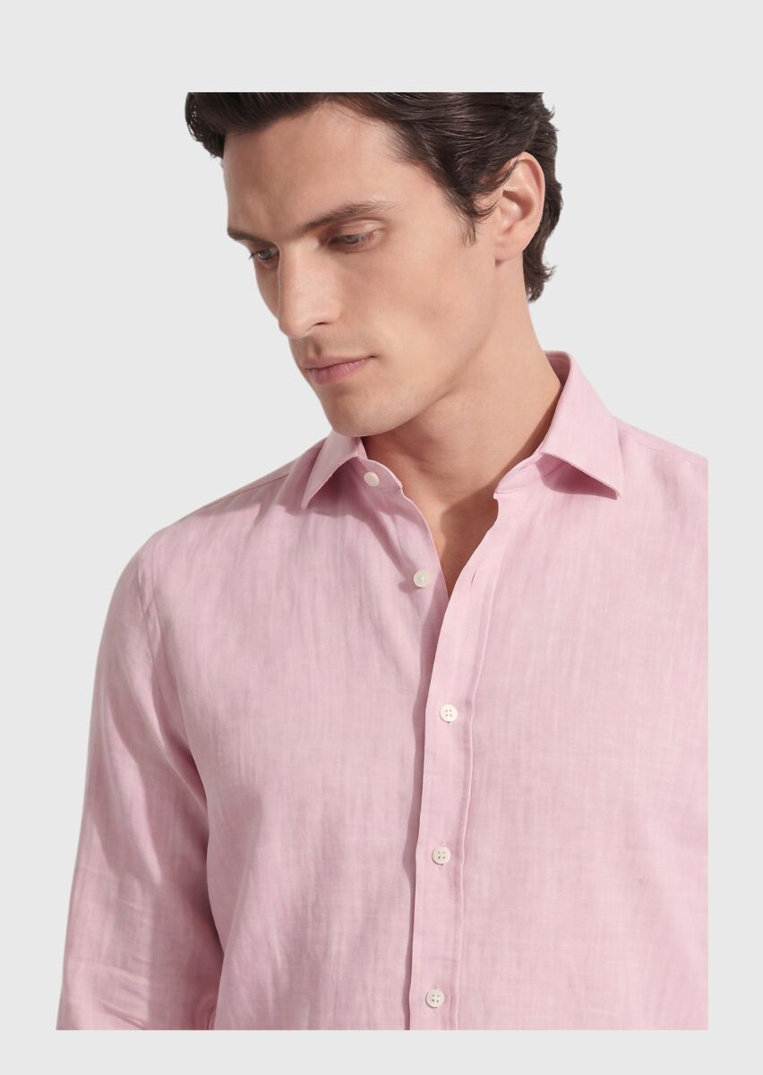Pembe Düz Casual Fit Uzun Dokuma Casual %100 Pamuk Gömlek - 1