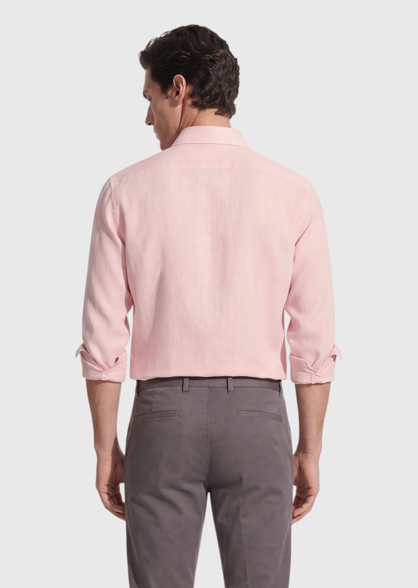 Pembe Düz Casual Fit Uzun Dokuma Casual %100 Pamuk Gömlek - 4