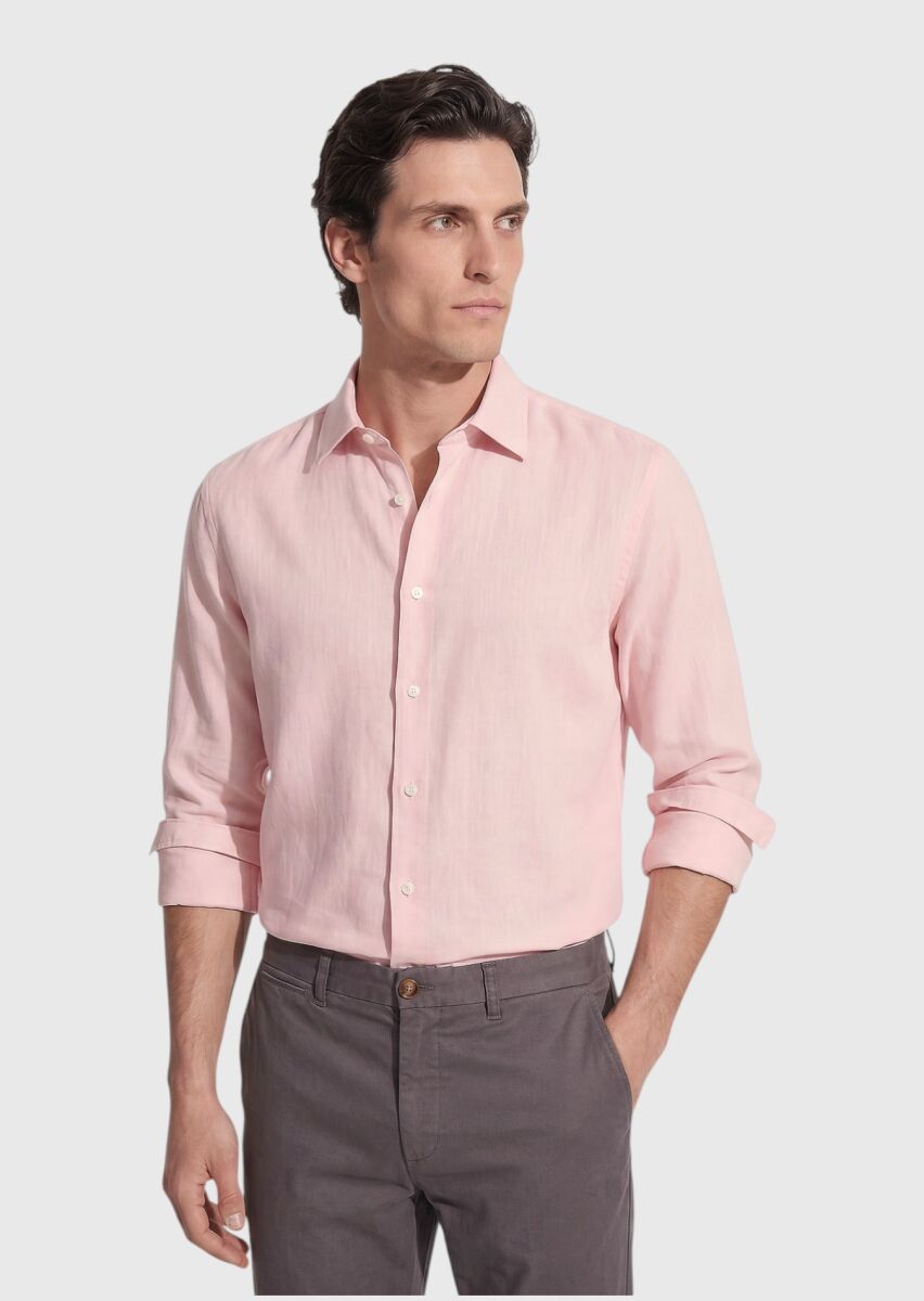 Pembe Düz Casual Fit Uzun Dokuma Casual %100 Pamuk Gömlek - 1