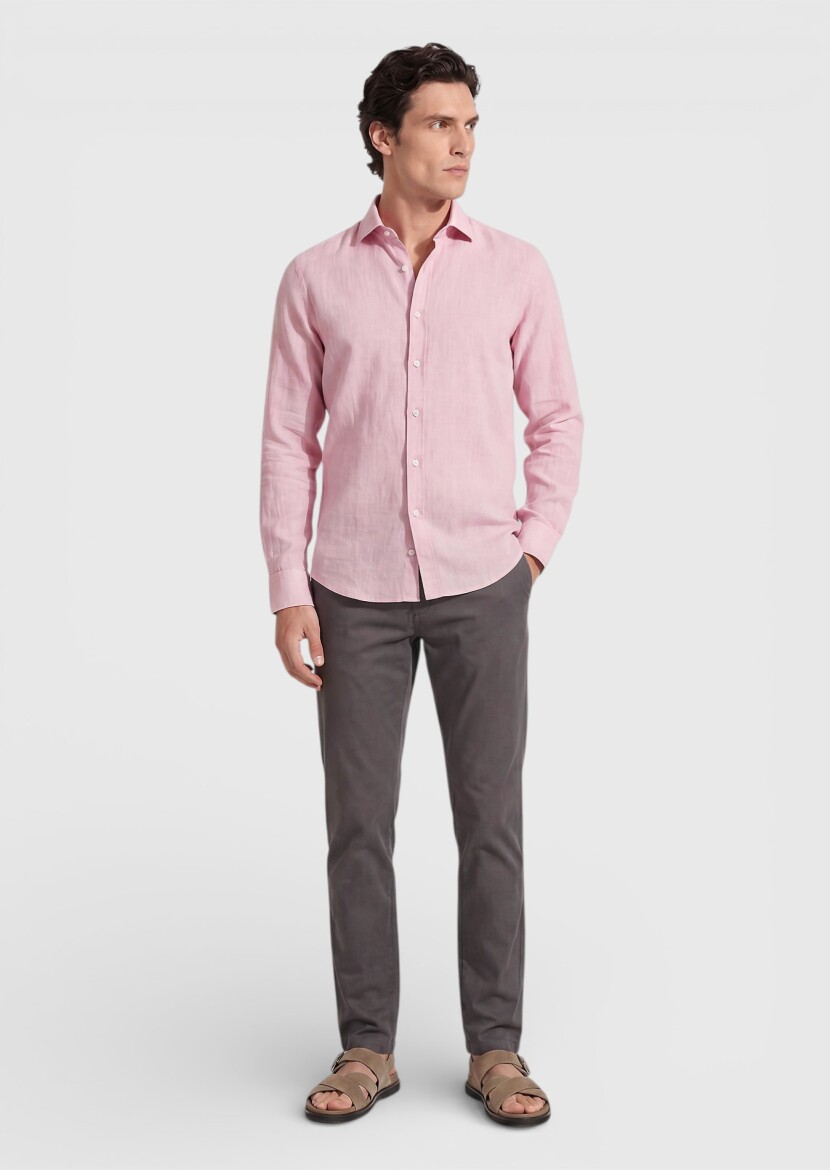 Pembe Düz Casual Fit Uzun Dokuma Casual %100 Pamuk Gömlek 