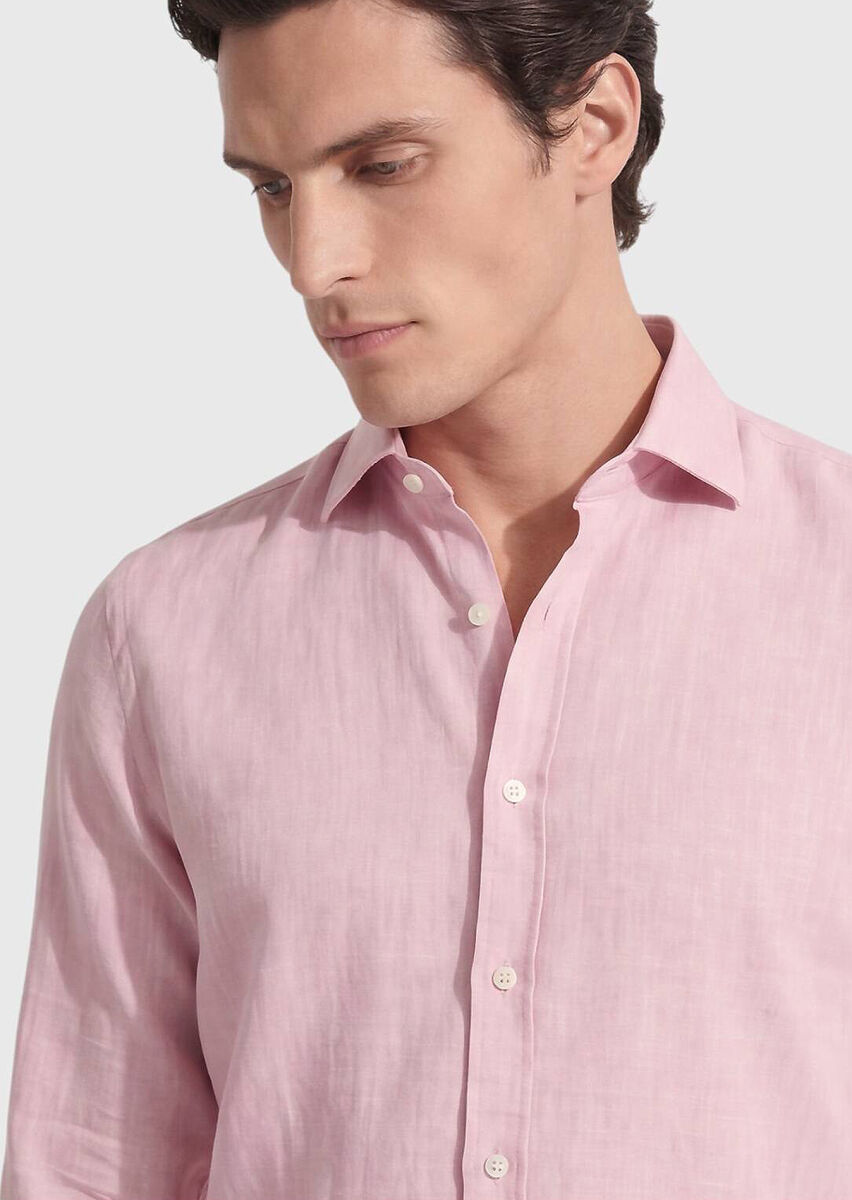 Pembe Düz Casual Fit Uzun Dokuma Casual %100 Pamuk Gömlek - 3