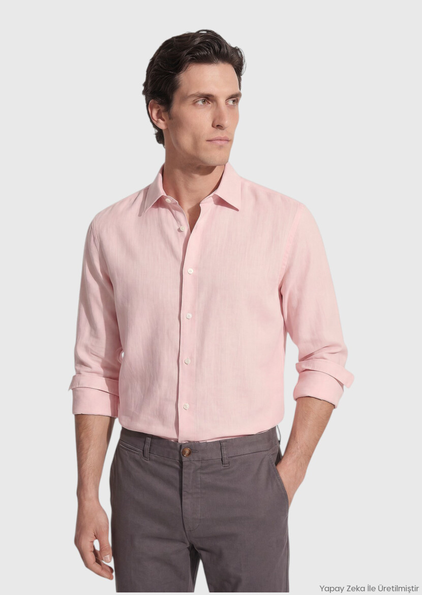 Pembe Düz Casual Fit Uzun Dokuma Casual %100 Pamuk Gömlek 