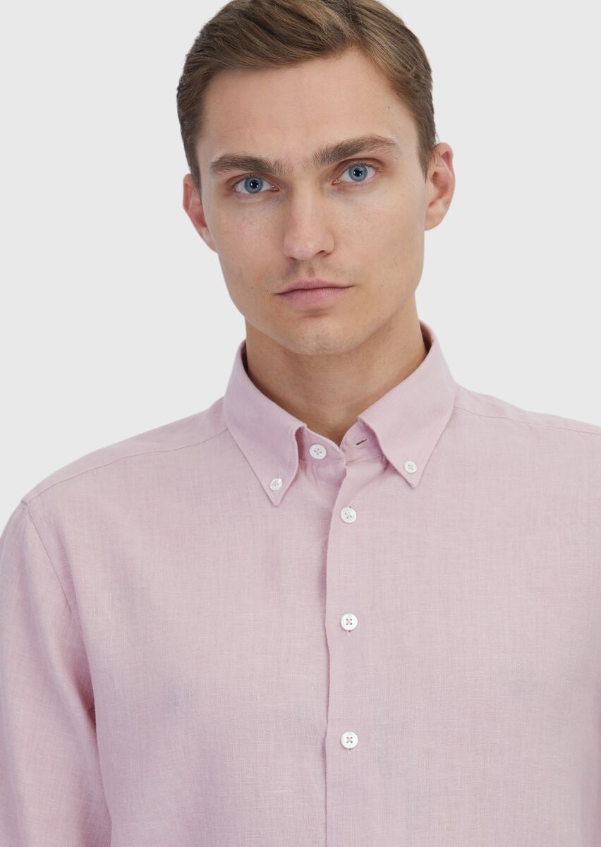 Pembe Düz Casual Fit Uzun Dokuma Casual Pamuk Karışımlı Gömlek - 3