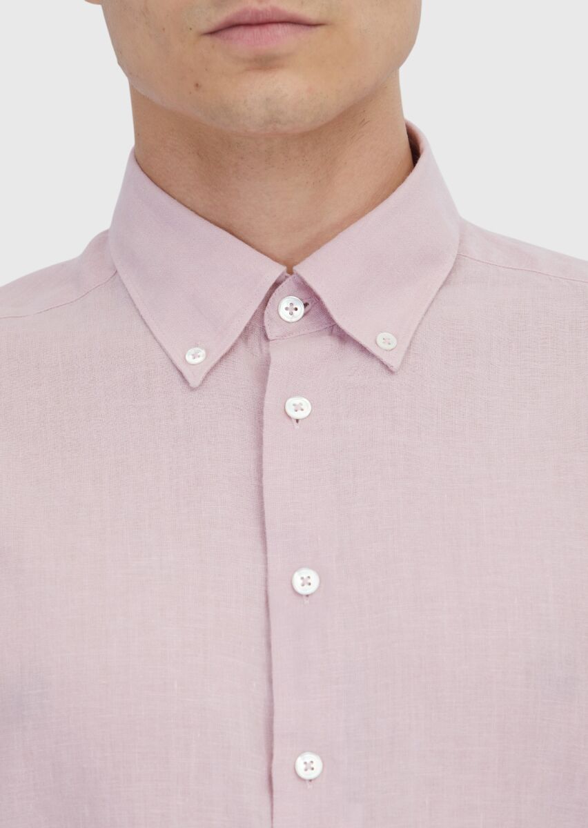 Pembe Düz Casual Fit Uzun Dokuma Casual Pamuk Karışımlı Gömlek - 4