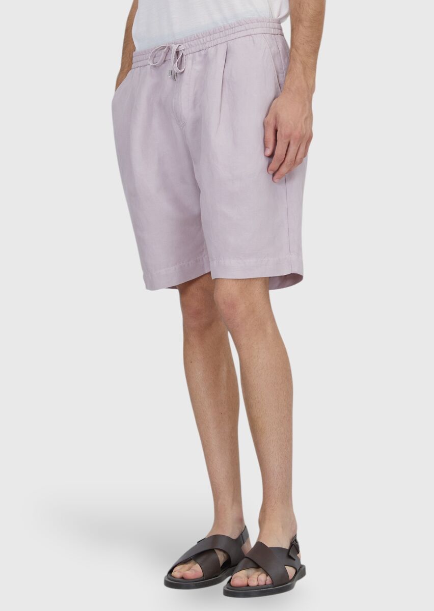 Pembe Düz Dokuma Jogging Fit Casual Keten Karışımlı Bermuda - 2