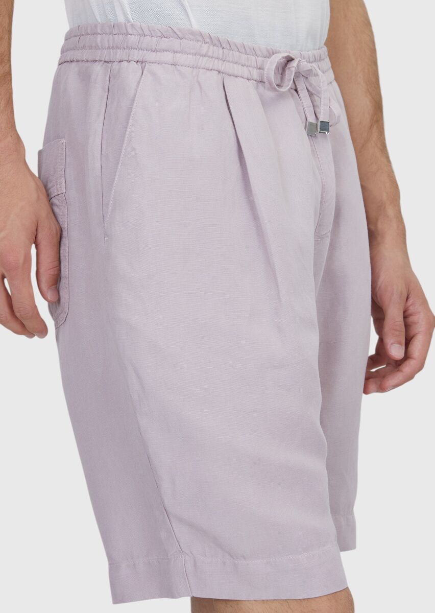 Pembe Düz Dokuma Jogging Fit Casual Keten Karışımlı Bermuda - 3