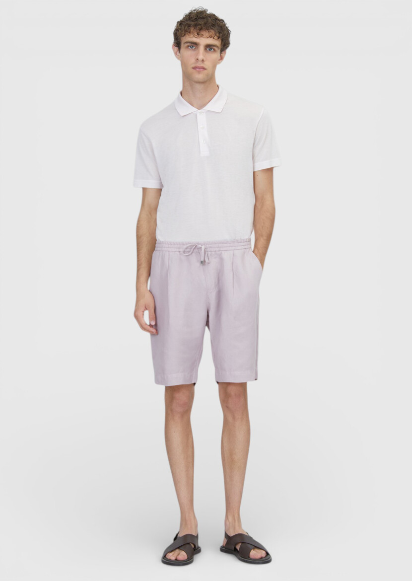 Pembe Düz Dokuma Jogging Fit Casual Keten Karışımlı Bermuda - RAMSEY