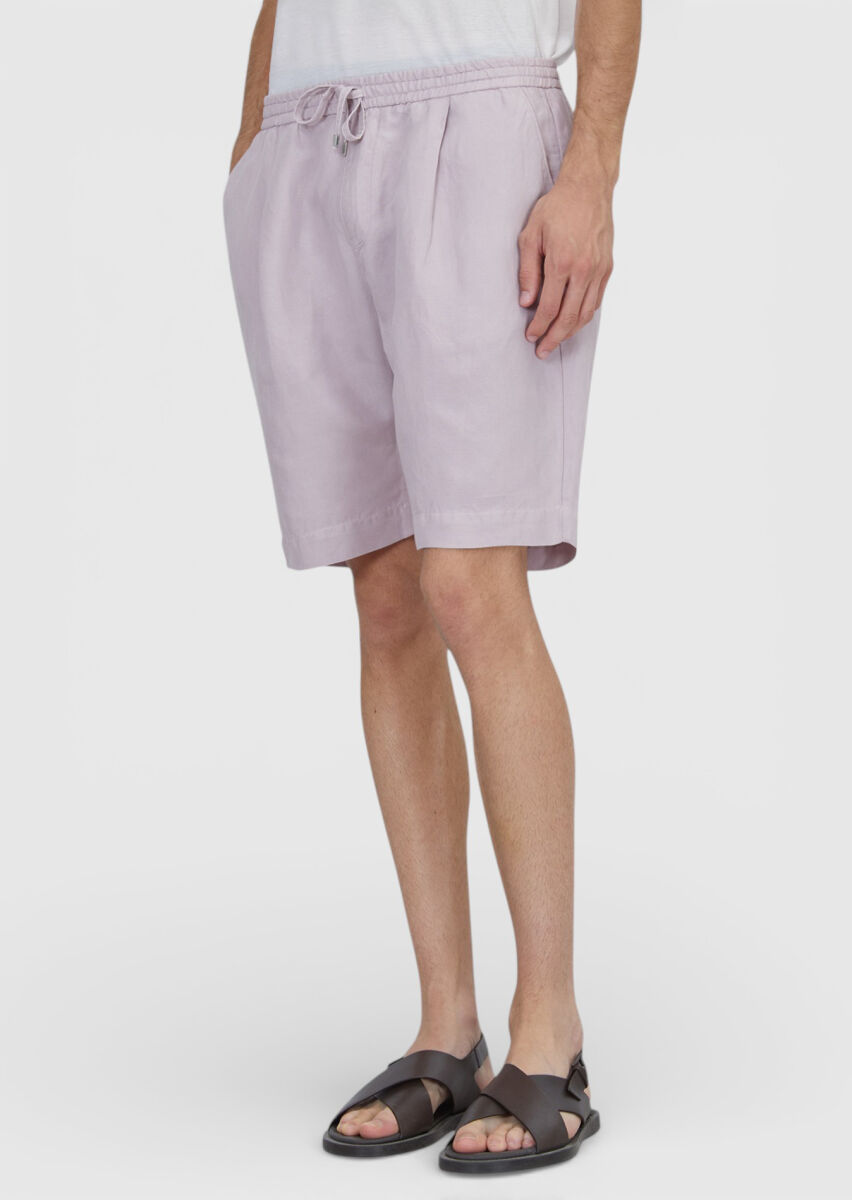 Pembe Düz Dokuma Jogging Fit Casual Keten Karışımlı Bermuda - 2