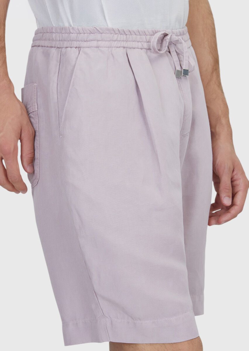 Pembe Düz Dokuma Jogging Fit Casual Keten Karışımlı Bermuda - 3