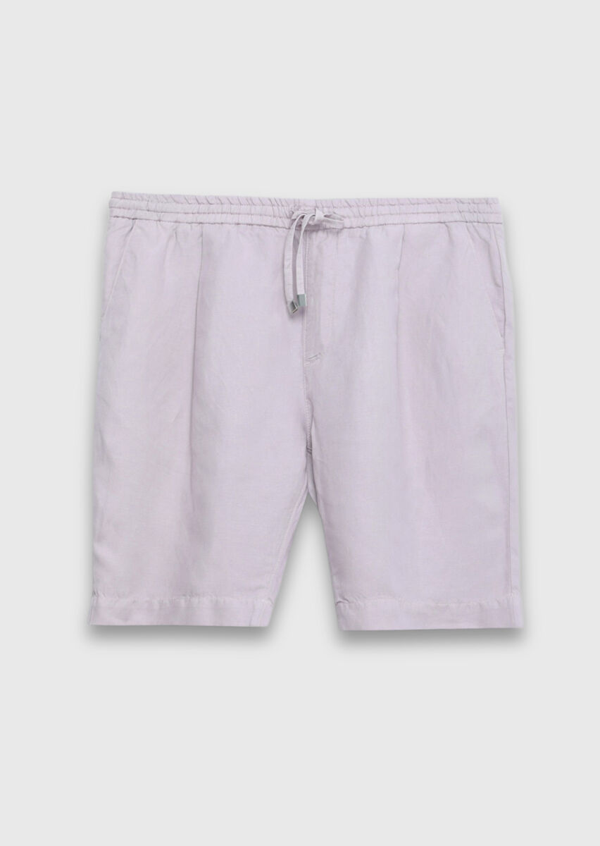 Pembe Düz Dokuma Jogging Fit Casual Keten Karışımlı Bermuda - 6