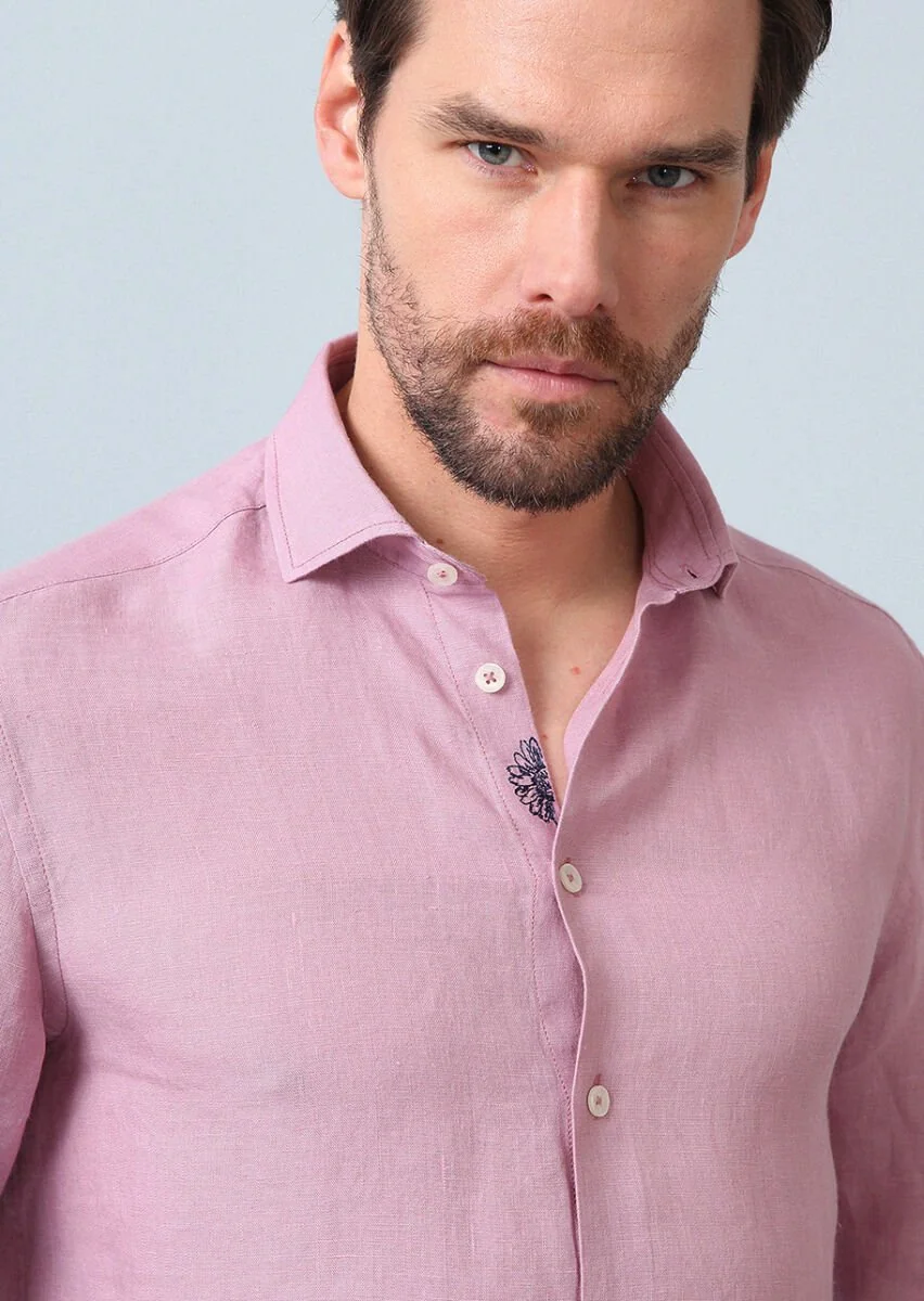 Pembe Düz Regular Fit Dokuma Casual %100 Keten Gömlek - 1